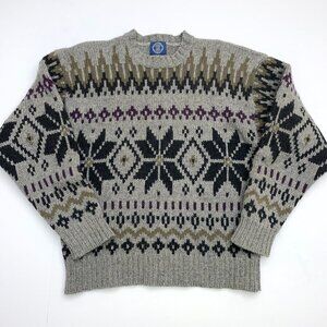 Vintage 90s GAP Men's Grey Nordic Print Wool Sweater Heavy Weight Pullover Small